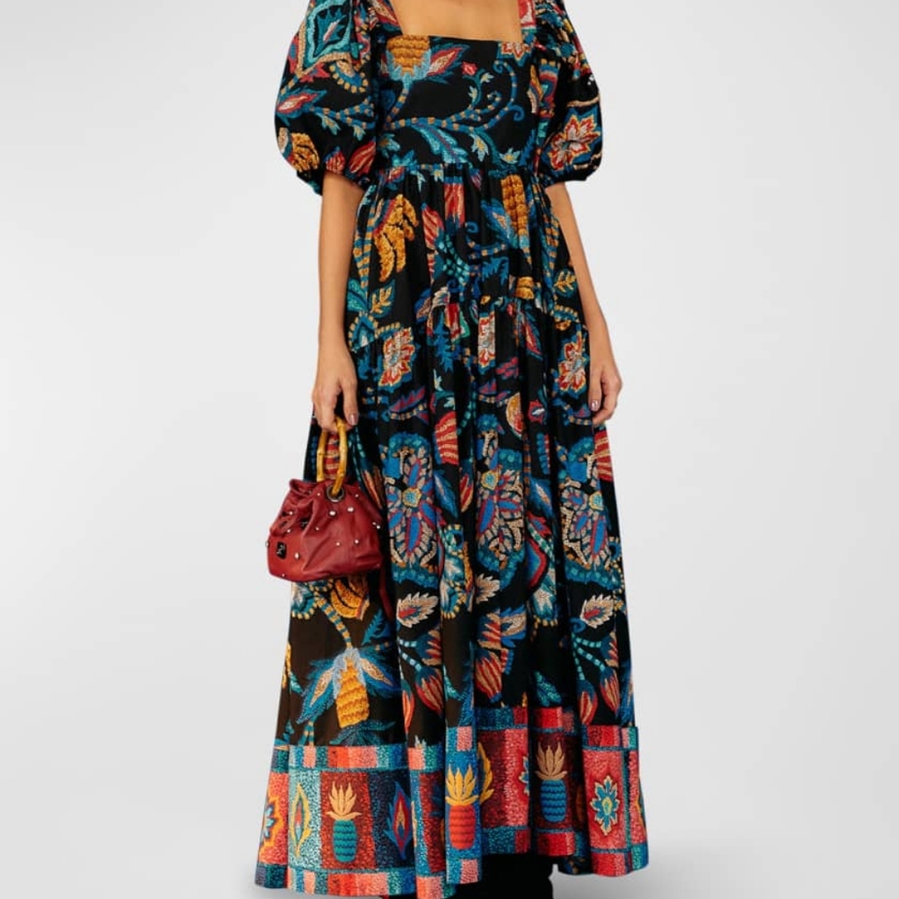 SOLD. Farm Rio. Sunset Tapestry Puff-Sleeve Maxi Dress. Small